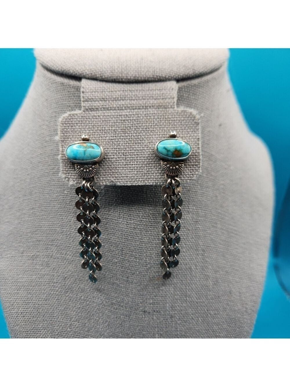 Turquoise and Silver Chain Earrings - Picture 4 of 5